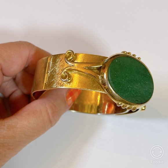Estate Brass Cuff Hinged Bangle with Big Bold Green Goldstone — Excellent Used - Picture 1 of 13